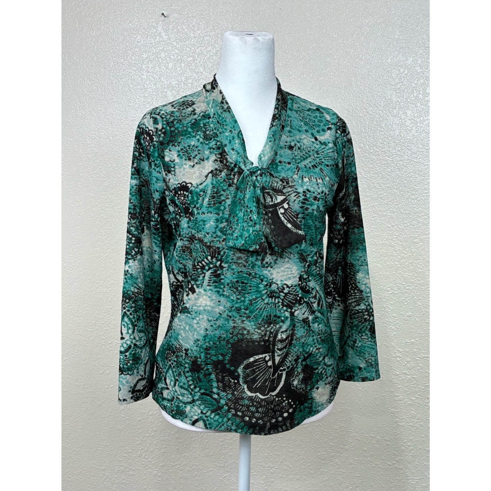 Jones New York Collection Green Abstract Shell‎ Print Tie Neck Blouse Small